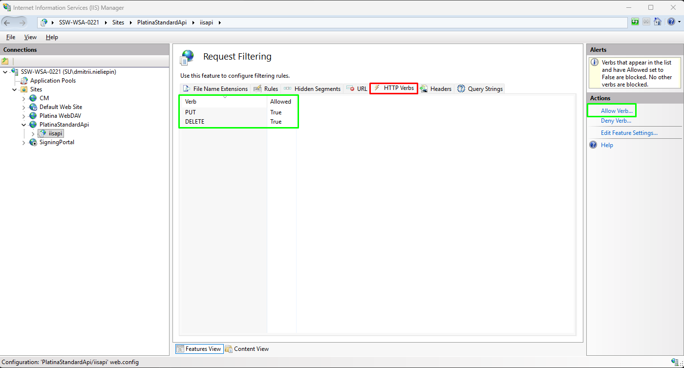 IIS Enebling Verbs In Request Filtering