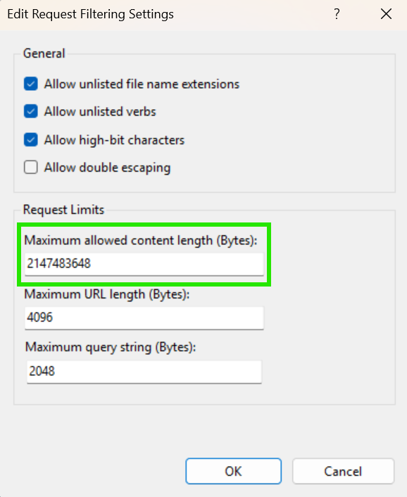 IIS Request Filtering Maximum Body Length