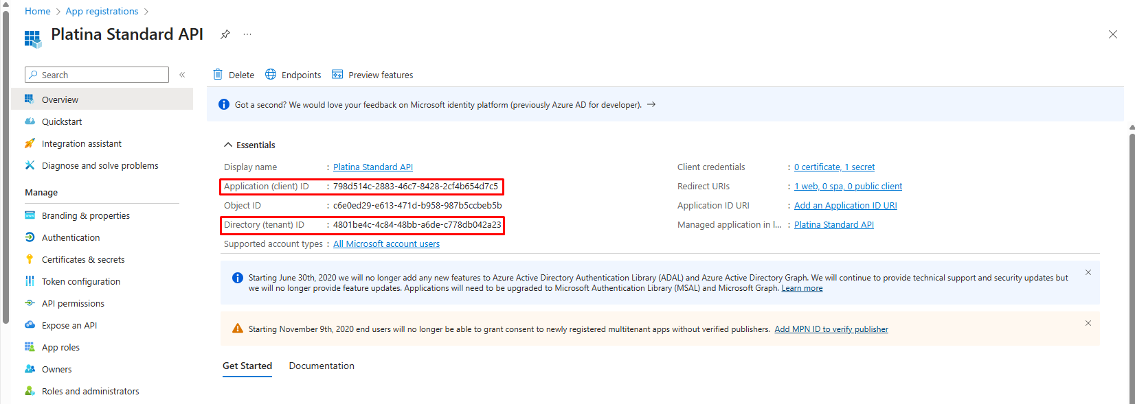 App registration values