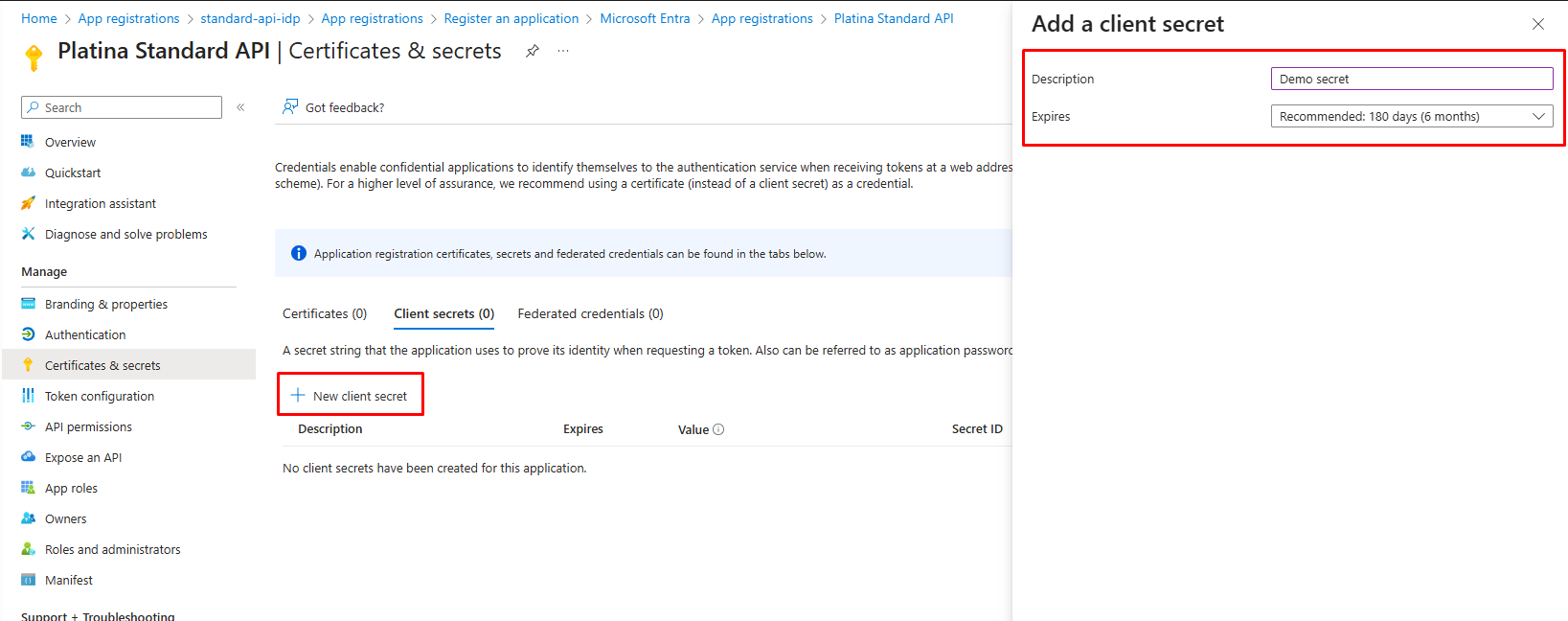Client secret creation